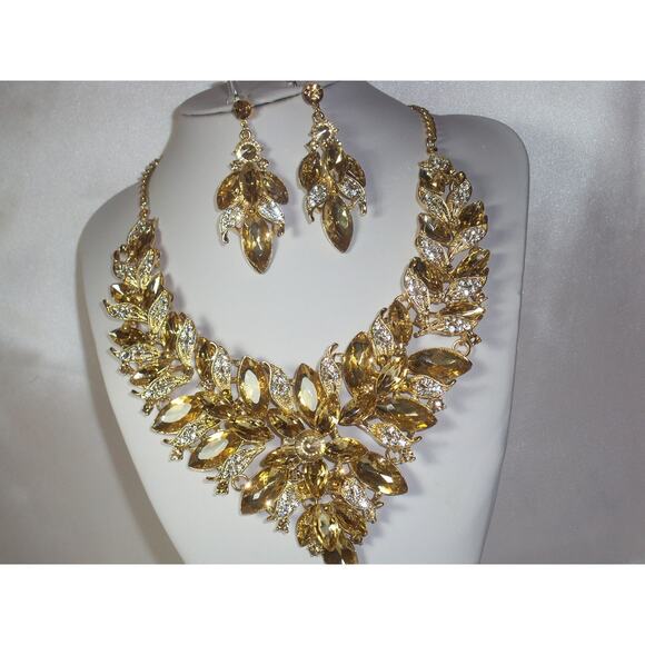 Champagne Rhinestone Statement Necklace Set, Bridal, Party Prom Formal Necklace - Picture 3 of 8